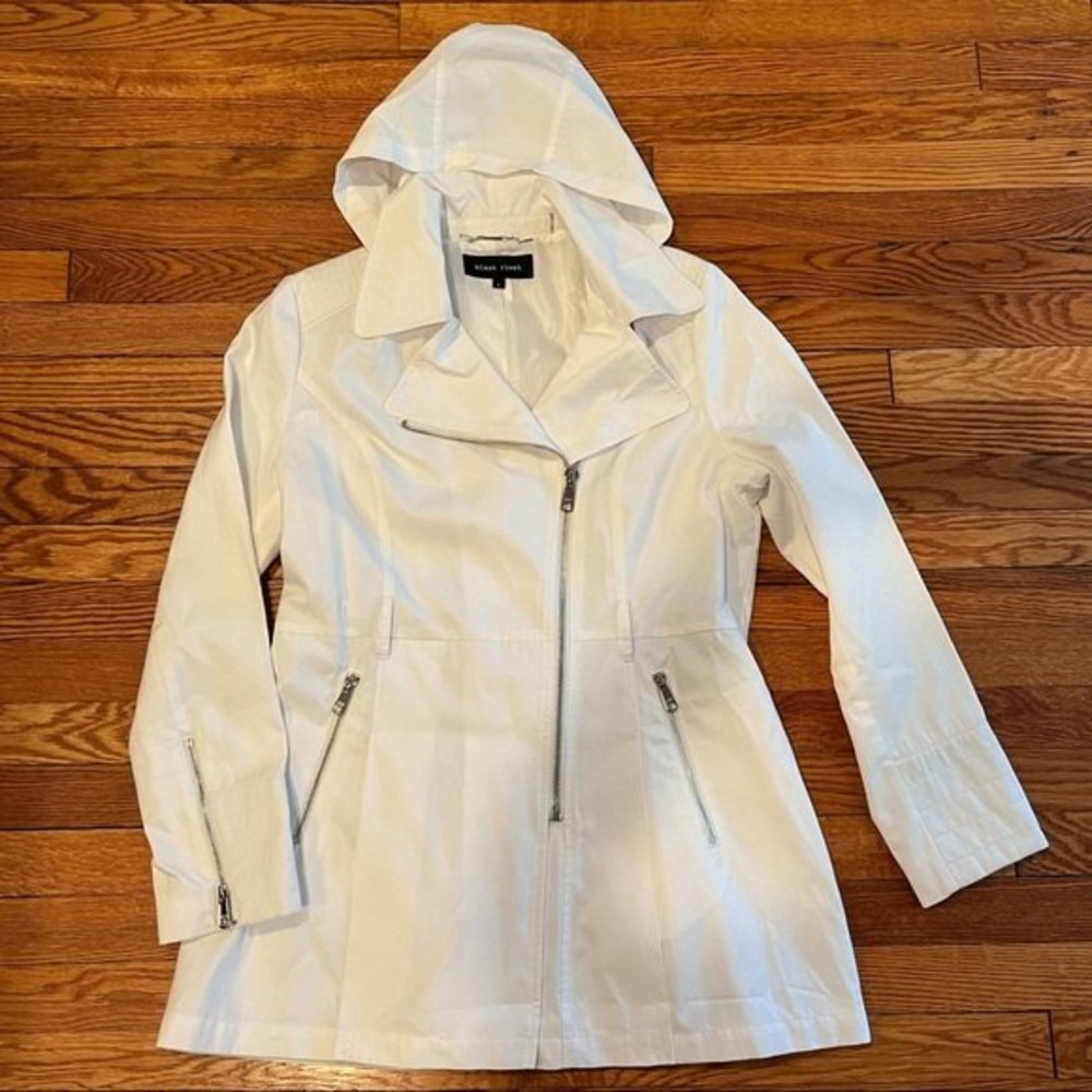 Black Rivet White Long Trench Coat with Removable Hood Large - Picture 8 of 10